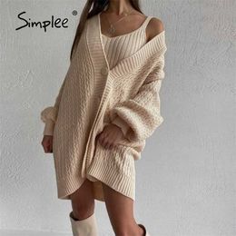 Sexy buttons v-neck long sleeves knitted mini dress set women crop tank top sweater coat suit Loose two pieces sets 211106