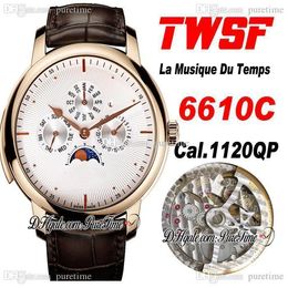 TWSF Patrimony Perpetual Calendar 6610C A1120 Automatic Mens Watch La Musique Du Temps Rose Gold Silver Texture Dial Brown Leather Super Edition Watches Puretime D4