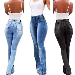 High Waist Skinny Boyfriend Black Ripped Jean Hole Vintage Bell Bottom Pants Ladies Flare Distressed Denim Trousers 210809