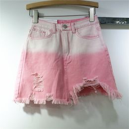 Women Pink All Match Wide Leg Burr Vintage Hole Denim Shorts High Waist Loose Fashion Summer Beach Vacation 16F1385 210510