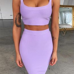 Bandage dress sets Women Sexy Two Piece Skirt Set Summer Lilac Bodycon skirt and top set matching For Club Party 220221