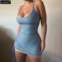 ISAROSE 2 Layers Mesh Dress Solid Color Summer Low-cut Halter Strap Side Adjustable Sexy Sports Bandage Short Bodycon Dresses 210422