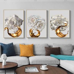 White Rose Flower Golden Ink Splash Abstract Poster Nordic Art Plant Canvas Painting Modern Wall Picture for Living Room Decor X0726