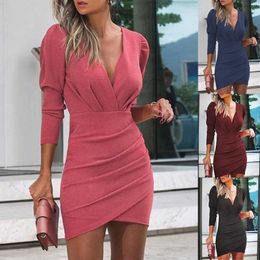 2021 Spring/Autumn Solid Colour V-neck Dresses for Women Long-sleeved Woman Dress Female Fashion Slim Party Sexy Mini Dress Y1006
