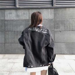 Spring Autumn Women Jeans Jackets Letter Collage Black Denim Women's Cowboy Coats Large size outwear Ladies Denim jacket women's 211117