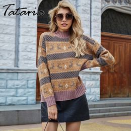 High Quality Christmas Deer Loose Sweater Women Autumn Winter Striped Long-sleeved Thick Warm Jacquard Sweaters Pullovers 210514