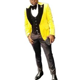 Formal Prom Suits for Men Evening 3 Piece Yellow Jacket with Black Pants Vest Slim Fit Wedding Tuxedo African Male Fashion Sets X0909