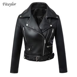 Fitaylor Black Faux Leather Jacket Women Spring Autumn Short Soft Pu Leather Jackets With Belt Zipper Moto Biker Coat 211007