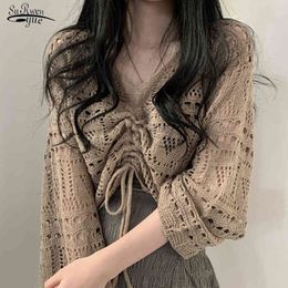 Autumn Casual Loose Solid Women Blouse Korean-Style Hollow-out Knitted Shirt V-Neck Long Sleeve Lady's Clothing 10194 210427