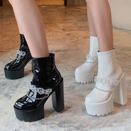 Women Patent Leather Ankle Boots Autumn Shoes Women 2021Rhinestone Platform Punk Black Heeled Boots White Shoes High Heels