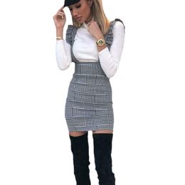 Fashion Women Dress Cheque Dog Tooth Frill Ruffle Pinafore High Waist Bodycon Party Mini Holiday Slim