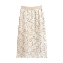 Black Beige Lace Elastic Waist A Line Midi Skirt Elegant Solid Autumn S0093 210514