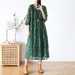 Johnature Vintage Green Embroidery Floral Women Dresses Spring O-Neck Short Sleeve Casual A-Line Female Chiffon Dresses 210521