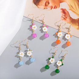 Luxury Gold-Plated Color Hook Earrings Ethnic Style White Coral Flower Decoration Purple Natural Stone Bead Pendant Earrings