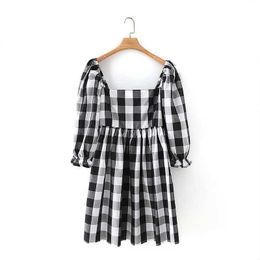 Women Checked Dress Square Collar Short Mini Dress Elegant Vintage Chic Lady Fashion Woman Dresses 210709