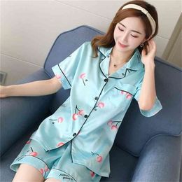 Pajamas Ladies Summer Short-sleeved Thin Ice Silk Two-piece Home Service Printed for Women Bedroom Set 210809