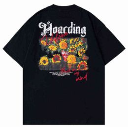 Spring Summer Men Oversize T Shirt Hip Hop Flower Printed T-Shirt 2022 Streetwear Harajuku Cotton Loose Tshirt Short Sleeve Tops G1217