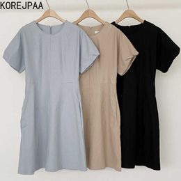 Korejpaa Women Dress Summer Korean Chic Ladies Dark Black Round Neck Loose Pleated Design Waist Puff Sleeve A-Line Vestidos 210526