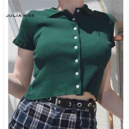 Women Short Sleeve Collared Button Up Crop Top Opaque Buttons T-shirt 210324