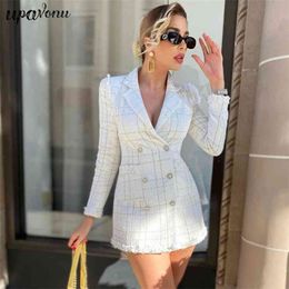 Free Elegant Plaid Blazer Dress Women Lapel Long Sleeve Double Breasted Bodycon Club Party 210524