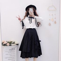 Skirts Dark Street For Women Japanese Solid Black Irregular Loose A-line Skirt Casual Bow Soft Fluffy Knee Long Winter