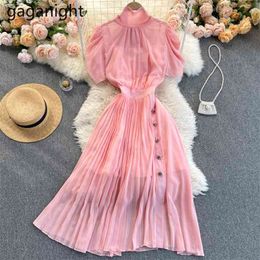 Elegant Women Pink Party Maxi Dress Summer Short Sleeve Ruched Chiffon Robe Ladies Vintage Banquet Bandage Vestidos 210601
