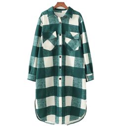 Casual Women Oversized Long Plaid Shirt Coat Fashion Ladies Warm Single Breasted Outerwear Female Chic X-Long Blouse 210515