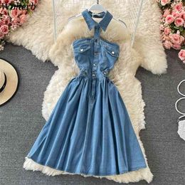 Off Shoulder Denim Dress Summer Robe Ropa Mujer Backless Sleeveless Vestidos Temperament Halter Neck Slim Dresses 210519