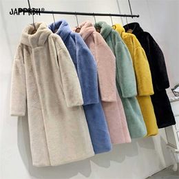 Hooded Faux Fur Coat Women Autumn Winter Casual Loose Long Female Jacket Fur Plush Thick Warm Cotton Lining Outwear Clothes 211019