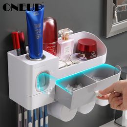 ONEUP Wall Mount Toothbrush Holder For Bathroom Accessories Set Automatic Toothpaste Squeezer Dispenser Storage Rack With Drawer 210322
