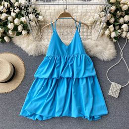 Neploe Sexy Open Back Holiday Beach Dress Women High Waist Hip Ruffles A Line Vestidos Sleeveless Camis Robe Summer 210510