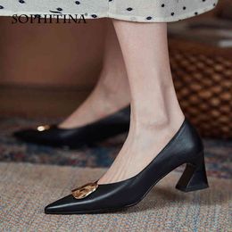 leather shoe decorations Canada - SOPHITINA Pumps Women Beige Metal Decoration Premium Leather Shoes Pointed Toe Thick Heel TPR Fashion Office Lady Shoes AO95 210513