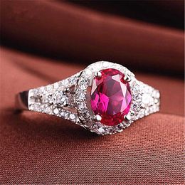 Womens Rings Crystal Synthetic ring plated with silver open oval rose red diamond Lady Cluster styles Band