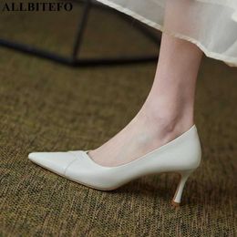 ALLBITEFO size 33-42 pointed toe kitten heels genuine leather women heels shoes fashion sexy party wedding shoes high heel shoes 210611