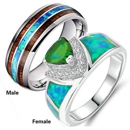 Wedding Rings Sz6-12 Couple Green Opal Zironia Silver Ring Women Engagement Jewellery & 8mm Wood Titanium Steel Men