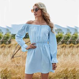 women blue dress Spring summer off shoulder long sleeve Blue Solid Casual Women's mini Dress 210524