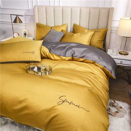 OLOEY 60S long-staple cotton Bedding Set Egyptian Solid color embroidery set Duvet Cover Sheet spread Fit sheet bed 210615