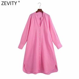 Zevity Women Fashion V Neck Solid Colour Casual Loose Shirt Dress Female Chic Single Breasted Straight Business Vestidos DS8338 210603