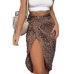 Vintage Dot Print Midi Skirts Women High Waist Lace Up Party Skirt Summer Sexy Split Wrap Hip Skirt Ladies Asymmetry Skirts 210507