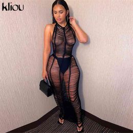 Kliou Mesh Stacked Maxi Dress See Through Sexy Women New Fashion Sleeveless Backless Spaghetti Strap Female Clubwear Skirts Y1204