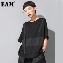 [EAM] Women Black Contrast Colour Split Big Size T-shirt Round Neck Half Sleeve Fashion Spring Summer 1U136 210623