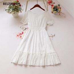 White Floral Embroidery Lace Up Vintage Dresses Women Short Sleeve Beach Bohemian Dress Ladies Cotton Linen Boho Midi Vestidos 210520