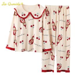 Big 3XL 4XL 5XL Plus Size Cotton Lingere Homewear Long Sleeve Pullover Pyjama for Women Lounge Wear Cherry Printed Sleepwear 210809
