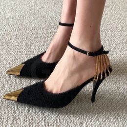 Luxury Elegant Lady metal Pointed Toe tassels chain Mid Heel Stiletto Shoes Pumps Women Shoes High Heels Evening Dress Wedding Sexy Gladiator Stiletto-Heel