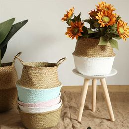 S/M/L/XL Folding Handmade Woven Flower Pot Planter Seagrass Stylish Storage Basket Garden Baskets Office Home Decoration 211130