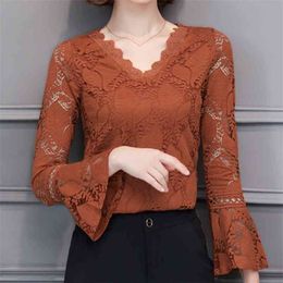Plus size Women clothing Spring sexy v neck lace Shirt Tops hollow out female Elegant long sleeve Lace Blouse shirts 562G 210323