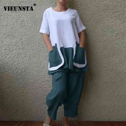 Two Piece Linen Cotton Women Casual O Neck Shirt Top and Long Pants Suits Spring Summer Short Sleeve Pocket Fashion Outfits 210727