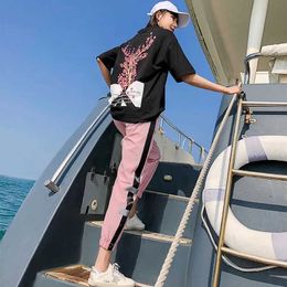 Two Piece Set Women Fashion Sport casual suit Flower Letter Print Top+Print Elastic Waist Long Pants Summer Tracksuit Female T15 Y0702