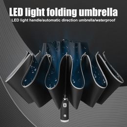 3 fold reverse automatic cart clear rain women's parasol LED light reflective strip folding sunny umbrella DTT 210320