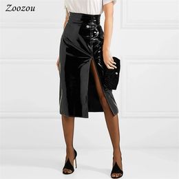 Sexy Black Split Slit Patent Leather Midi Skirt Women High Waist Knee Length PVC Skirt Elegant Office Lady's Latex Skirt Custom 210724